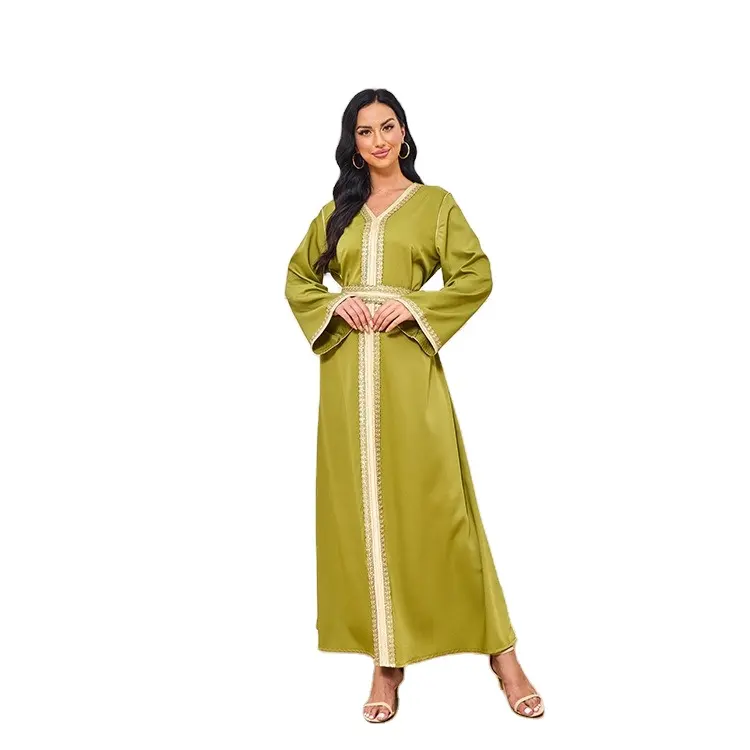 2024Fashion Middle East Abaya Dubai Long Sleeve Maxi Dress Lace Simple Female Casual Solid V-neck Dress Moroccan Robe