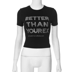 Commercio all'ingrosso t-Shirt Cropped a collo corto da <span class=keywords><strong>donna</strong></span> bianco eco-friendly stampa estiva con strass diamante Logo decorazione - Product Image 3