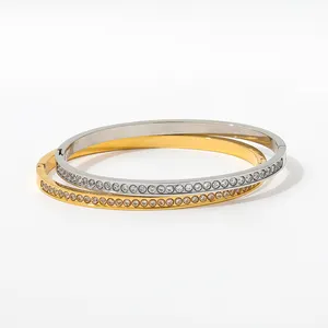 Bracelet jonc demi-pavé en zircone ronde plaquée or haut de gamme en acier inoxydable haut de gamme pour femmes bijoux de mode