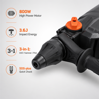 Marteau perforateur électrique robuste 25 mm, 3 modes, mandrin sans clé, pour bricolage et construction professionnelle, non rechargeable, 800 W