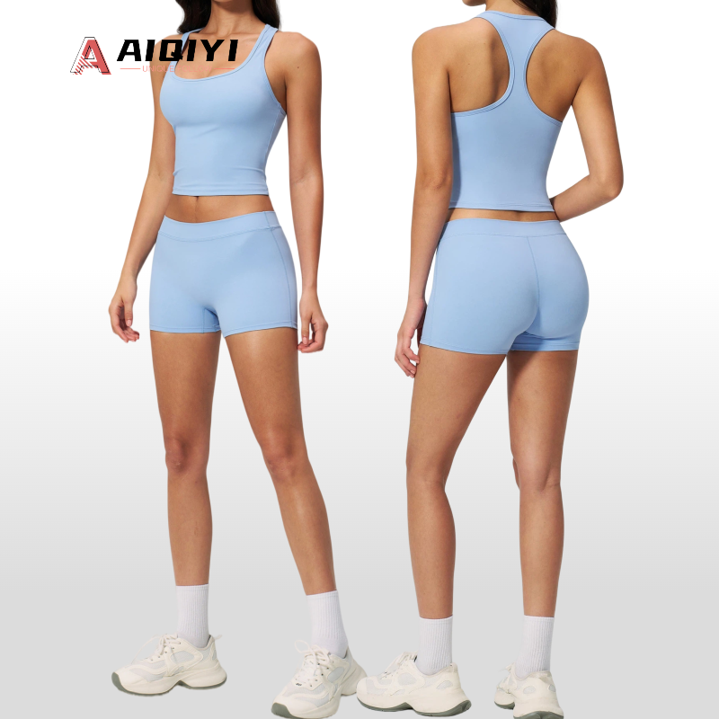 3560-1 Women's Solid Yoga Shorts Square Neck Sweat-Wicking Low Waist Hip Lifter 2-Piece Set Yoga Sets