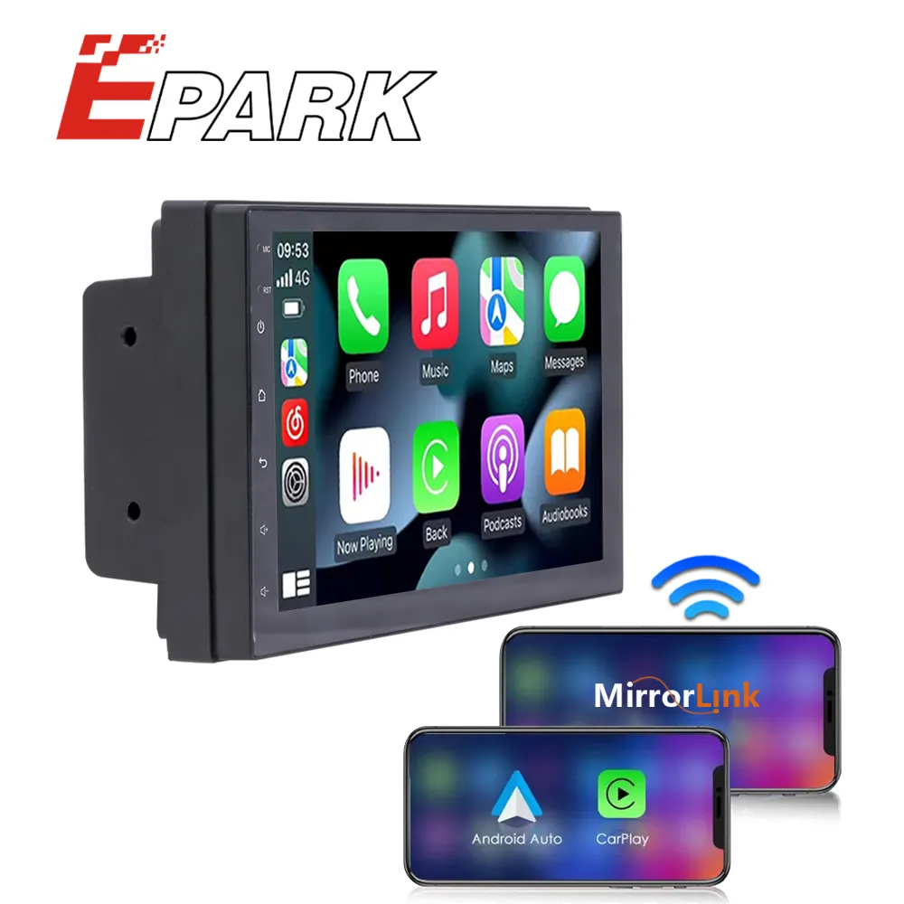 Stéréo de voiture compatible sans fil Apple Carplay et Android Auto 7 pouces tout en double din stéréo écran tactile radios lecteur DVD de voiture