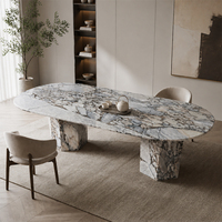 Table à manger ovale en marbre naturel Cammy Stone Ocean Storm, design moderne, mobilier multifonctionnel pour salle à manger, utilisation en appartement