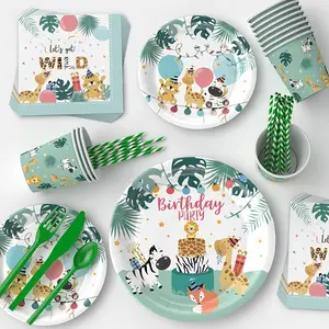 CIVI Forest Series Kids Birthday Party Disposable Paper Plate Sets Cake Topper Decoration Supplies