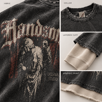 Nouvel Arrivage T-shirt Homme Streetwear à Manches Longues en Maille Gaufrée Lavée Superposée, Imprimé Sérigraphié et Épaules Tombantes