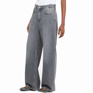 Jeans pour femmes en denim <span class=keywords><strong>gris</strong></span> <span class=keywords><strong>clair</strong></span>, coupe droite, taille haute, ample et décontracté, de haute qualité et personnalisés - Product Image 2