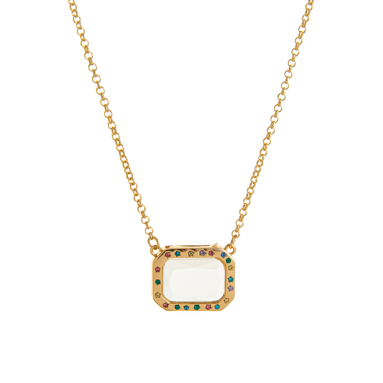 Collana con scatola rettangolare in vetro colorato con diamanti