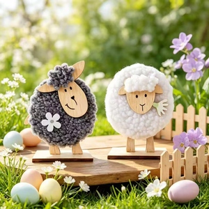 Woolly Sheep Figurine Wood Head Felt Fluffy Lamb Tabletop Decor Farmhouse Rustic Shelf Mantel Desk Ornament - Product Image 1