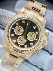 Men's Luxury Gold Chronograph Watch 3-Eye Chrono Dial Black Diamond Markers Stainless Steel Waterproof Business Wristwatch - Product Image 4