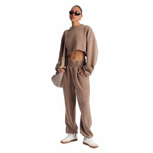 <b>Women</b> Beige Tracksuit Full Zip Hooded Sweatshirt Solid Color Loose Fit Casual Autumn Style With Side Pockets Drawstring Closure - Product Image 1