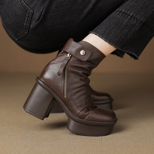 Chaussures en cuir véritable faites à la main, à bout carré, couleur unie, élégantes, rétro, décontractées, à talon moyen épais, antidérapantes et tendance - Product Image 4