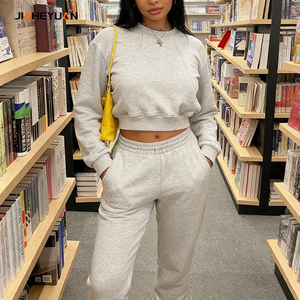 Set Due Pezzi in Cotone Pesante di Alta Qualità OEM, Abbigliamento <span class=keywords><strong>Donna</strong></span>, Tute Autunnali Personalizzate con Felpa Corta e Pantaloni - Product Image 2