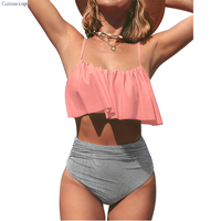 Maillot de bain personnalisé à taille haute avec volants, ensemble bikini amincissant pour femme, maillot de bain épaules dénudées avec logo personnalisé