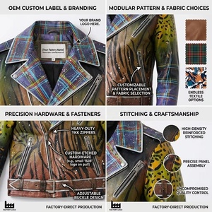 Chaqueta de Motero de Piel de Cordero Pintada a Mano Personalizada para Hombre, con Múltiples Diseños de Leopardo y Cuadros, Estilo Artístico Asimétrico, Prenda Exterior de Cuero Genuino, Venta al por Mayor OEM - Product Image 6
