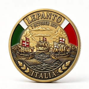 Pièce commémorative de la bataille de Lepanto 1571, plaquée or, en bronze frappé, objet d'art historique de collection, jeton d'Italie - Product Image 1