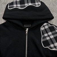 Fabricants de vêtements en coton 100% à carreaux, style streetwear, avec empiècements colorblock, sweat à capuche zippé court et épais pour hommes