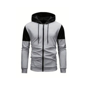 Custom Men Zip Up Hoodie Gray Black Color Block Jacket Casual Fashion Sweatshirt Streetwear Hooded <b>Top</b> OEM ODM Supplier - Product Image 2