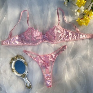 Completo Intimo <span class=keywords><strong>Sexy</strong></span> da Donna con Ricamo Floreale e Pizzo Scavato, Reggiseno e Perizoma in Rete Trasparente, Lingerie Modellante Leggera, Idea Regalo - Product Image 2