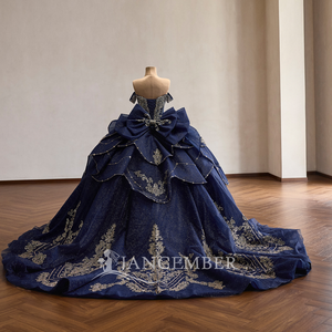 261096 Stunning Navy Blue Crystal Rhinestone Natural Sweetheart Neckline Lace Appliques Quinceanera Ball Gown <b>Dresses</b> - Product Image 4
