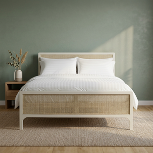 Cama Moderna de Lujo Francesa con Estructura de Madera Maciza de Caoba, Modelo Felicia, Diseño Pintado en Blanco Natural con Ratán, Tamaño King/Queen, para Hogar/Hotel - Product Image 3