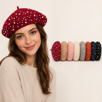 Béret en Laine pour Femme avec Faux Perles et Strass, Béret Français Orné Rouge Vin, Chapeau Béret Scintillant pour Fête, Vente en Gros OEM