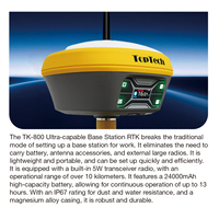 Récepteur GPS RTK Haute Précision TopTech TK800 GNSS Base & Rover avec Prise en Charge 4G/WiFi/Bluetooth L5, Étanchéité IP68, Température de Fonctionnement -30~65°C