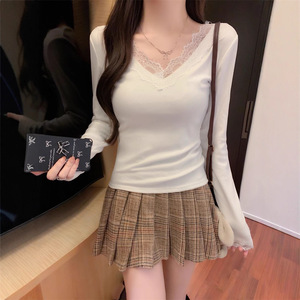 White V-Neck Lace Trim Knit Top For Women Slim Fit Everyday Wear Base Layer Long Sleeve Blouse - Product Image 3
