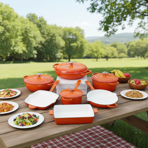 Ensemble de 11 pièces de batterie de cuisine classique <span class=keywords><strong>en</strong></span> <span class=keywords><strong>fonte</strong></span> émaillée rouge, durable, écologique et sain, comprenant poêle à frire, casseroles et faitouts de cuisine - Product Image 3