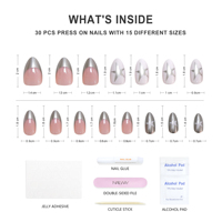 Ongles artificiels haut de gamme 30 pièces, 15 tailles, forme amande, motif étoile, French manucure, brillants, en gel souple à presser, vente en gros