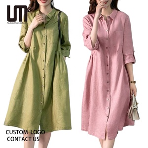 Liu Ming Nuovi Arrivi all'Ingrosso, Abito Camicia Lungo Elegante in <span class=keywords><strong>Cotone</strong></span> e Lino Stile Coreano per Donne, Vestito Estivo con Bottoni - Product Image 1