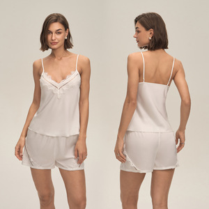Ensemble pyjama en soie pour femmes, avec dentelle, col en V, sans manches, short, vêtements de nuit, couleur unie, finition satinée, lingerie d'été, 2 pièces - Product Image 3