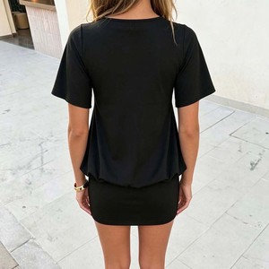 Vestido Corto Negro con Cuello en V para Mujer, Estilo Vintage con Detalle de Anillo Metálico, Fruncido, Manga Corta, Elegante, Casual, para Fiesta - Product Image 5