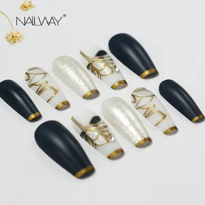 Long Coffin 3D Press On Nails With Stone Korean ABS Artificial Full Curved Nails Fancy Flower Design Matte False Nails Glitter
