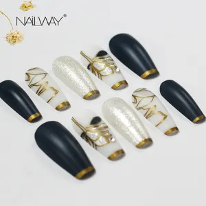 Long Coffin 3D Báo Chí Trên Móng Tay Với Đá Hàn Quốc ABS Nhân Tạo Full Cong Nails Fancy Flower Thiết Kế Matte Móng Tay Giả Long Lanh