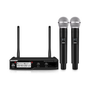 ไมโครโฟนไร้สาย VHF แบบมือถือ สองช่องสัญญาณ ไดนามิก รูปแบบการรับเสียงแบบคาร์ดิออยด์ โครงสร้างโลหะและพลาสติก สำหรับนักร้องคาราโอเกะ - Product Image 1