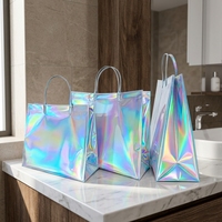 Sac fourre-tout transparent holographique en PP à fond carré, uni, irisé arc-en-ciel, pour supermarché, avec poignée en plastique