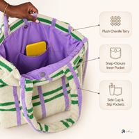 Sac fourre-tout en tissu éponge à carreaux pour femme, sac à main rayé rose, vert et crème avec poches et fermeture à bouton-pression, sac à main