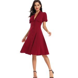 Robe de soirée élégante pour femmes robe sexy col en V à manches courtes simple boutonnage robe vintage trapèze robe décontractée de bureau pour femme robe solide - Product Image 1