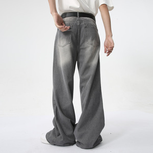Su misura 2025 estate nuova moda maschile Vintage slavato diritto a <span class=keywords><strong>gamba</strong></span> <span class=keywords><strong>larga</strong></span> ampio <span class=keywords><strong>Jeans</strong></span> lunghi fino al pavimento tessuto grigio Denim - Product Image 3