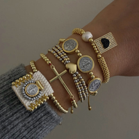 LS-B10138 Meilleure Vente Bracelet Religieux Vintage en Tissu Tressé et Perles, Breloques Pièce de Monnaie, Perle, Croix, Cœur, Cadeau de Fêtes