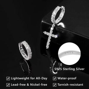 Boucles d'oreilles pendantes en argent 925 plaqué rhodium noir, pendentif croix avec zircon taille princesse serti en canal, cadeau chrétien unisexe - Product Image 2
