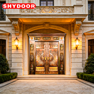 Porte de sécurité de luxe en cuivre avec cœur en acier inoxydable, double porte d'entrée principale pour villa, porte extérieure personnalisée en <span class=keywords><strong>acajou</strong></span> pour manoir - Product Image 3