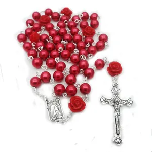 Collier de chapelet croix 6mm, Imitation de perles, fleur de Rose, pendentif en croix vierge marie, bijoux religieux catholique