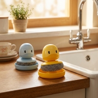 Brosse à vaisselle mignonne en forme de canard avec poils en nylon et tête de brosse en fil d'acier, manche en plastique et raclette pour le nettoyage de la cuisine