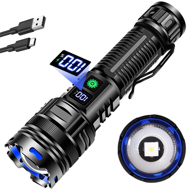 Cross-border New Digital Display Rechargeable High-Brightness White Laser LED Flashlight Optical Zoom Type-C Charging 26650