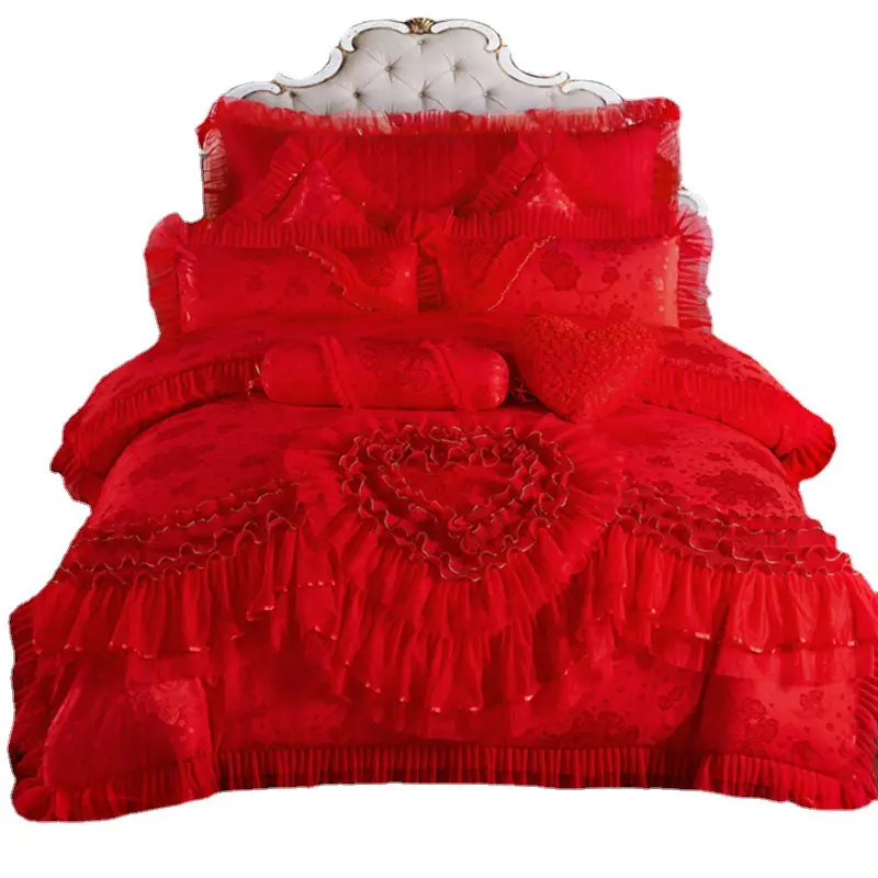 American Style Cotton Jacquard Lace Princess Bed Set Luxury Wedding Duvet Cover Set Bridal Bedding Set
