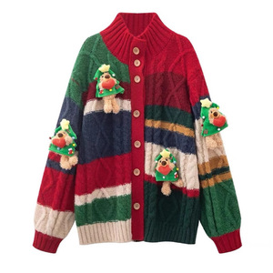 Women's Christmas Bear Knitted <b>Cardigan</b> Color Block Sweater Loose Fit Single Breasted Anti Pilling Top Autumn Winter Wear - Product Image 1