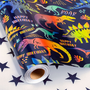 Papier cadeau brillant sur le thème des dinosaures de dessins animés, papier cadeau pour enfants, double face, personnalisable - Product Image 1