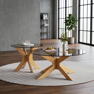 Modern Round Tempered <b>Glass</b> Coffee <b>Table</b> with Wood Base <b>Nesting</b> Design Multi-Purpose Home Furniture - Product Image 3