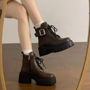 New Arrivals Women's Korean Leather Lace-up Ankle & <b>Bootie</b> Boots High Chunky Heel Buckle Fleece Lined Fashion Designer Winter - Product Image 4